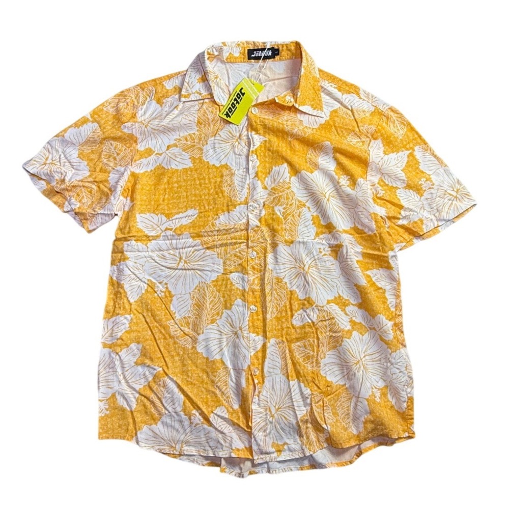 Jotook Mens Rayon Hibiscus Floral Button Up Shirt Orange Large Tropical-2320